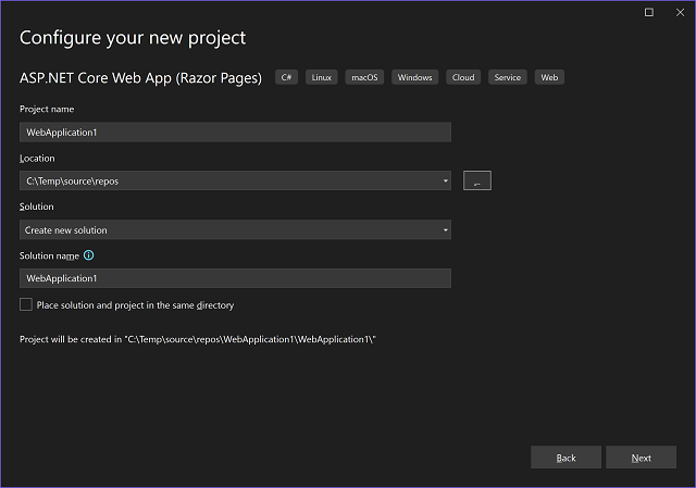 Screenshot of Configure Project in Visual Studio 2022