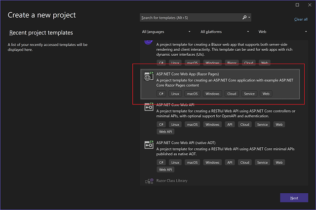 Screenshot of Create Project in Visual Studio 2022